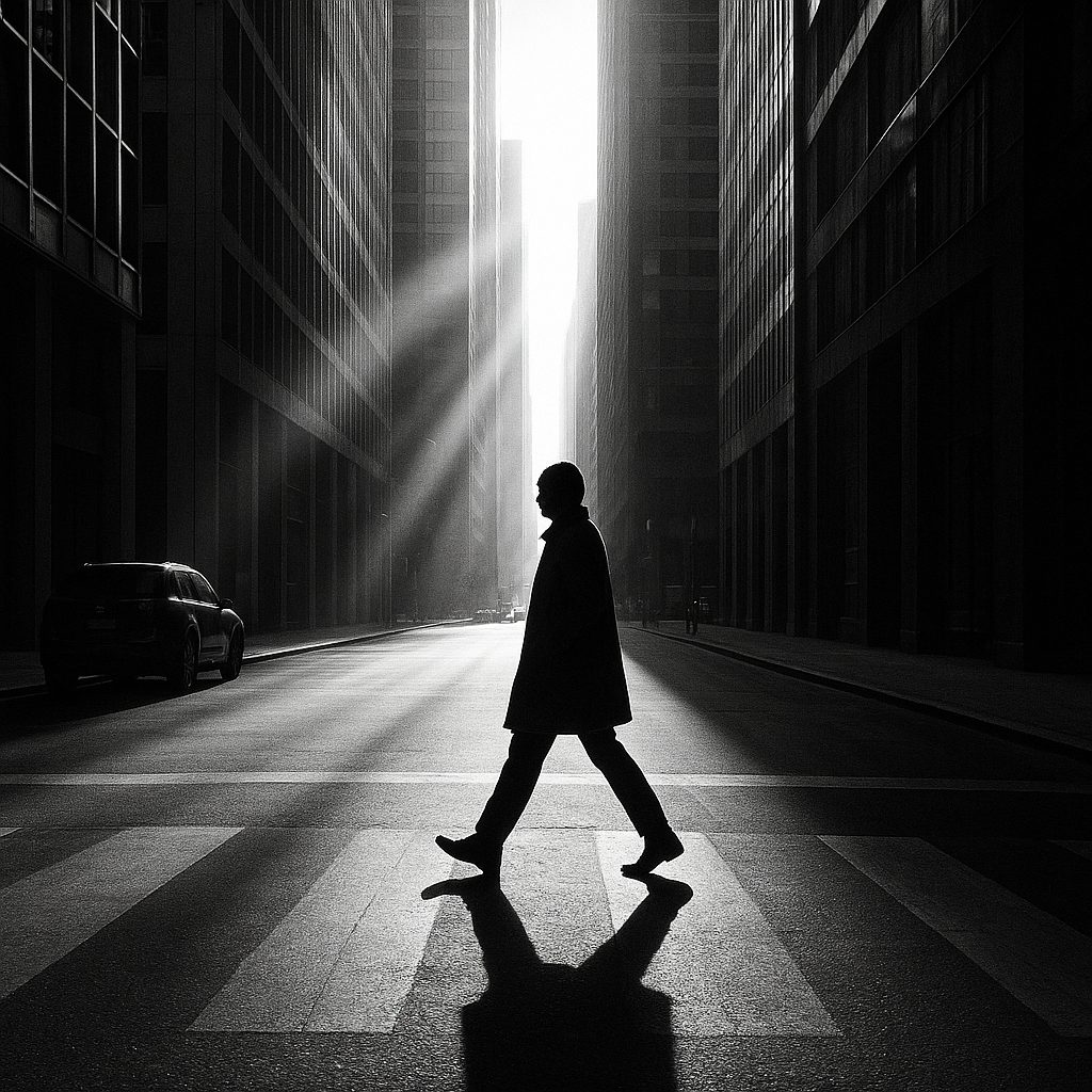 High contrast black and white street scene with a lone figure crossing a shaft of light