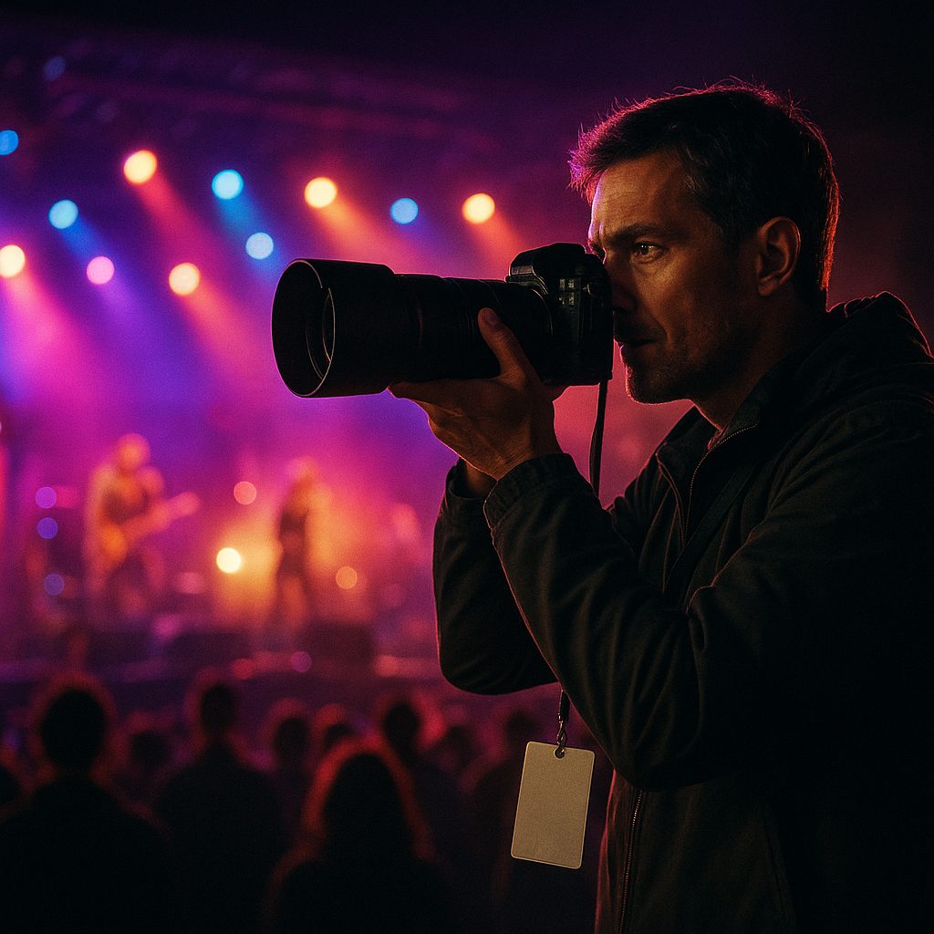 A photographer in the pit shooting a festival stage washed in coloured light
