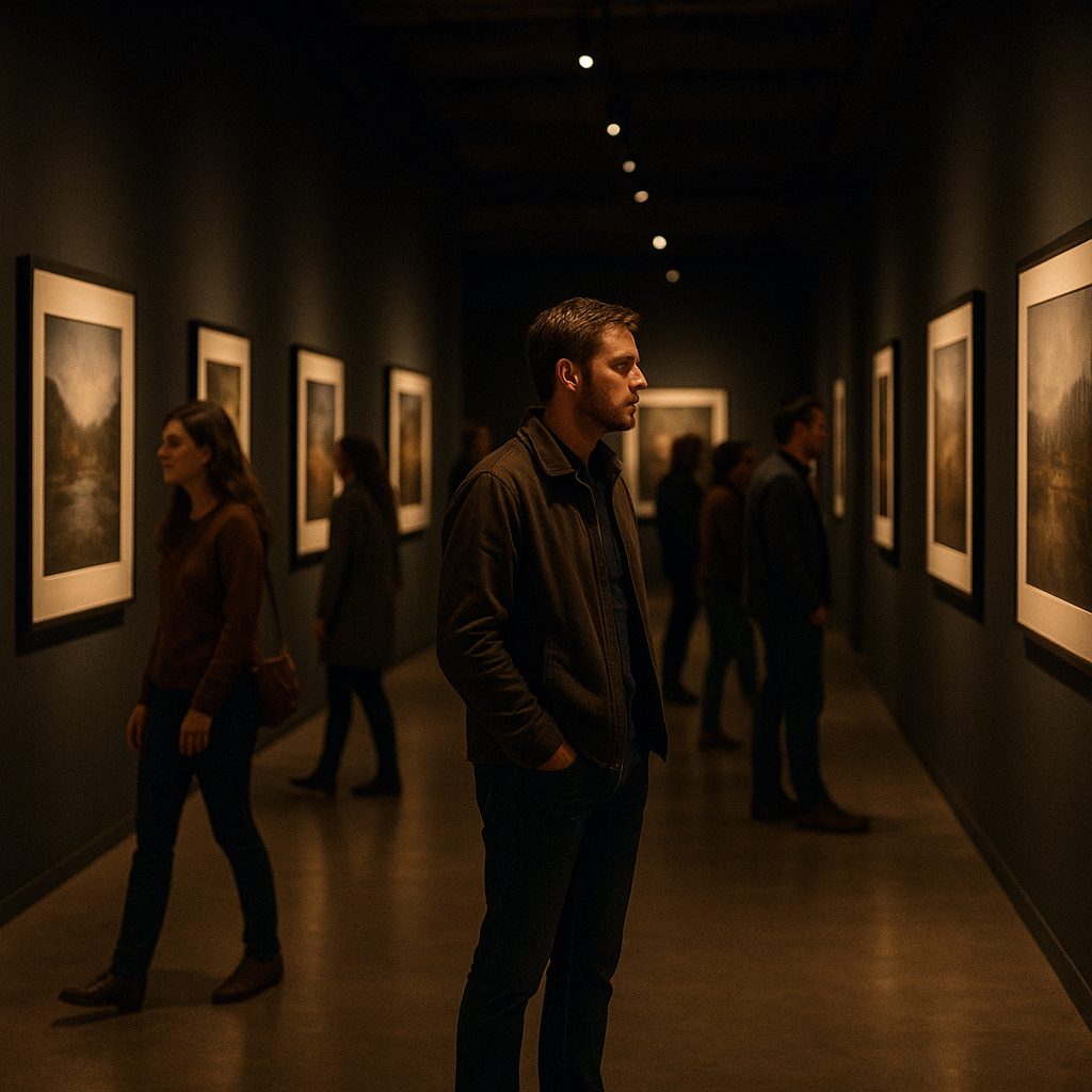 Visitors walking through a dimly lit photography exhibition hall