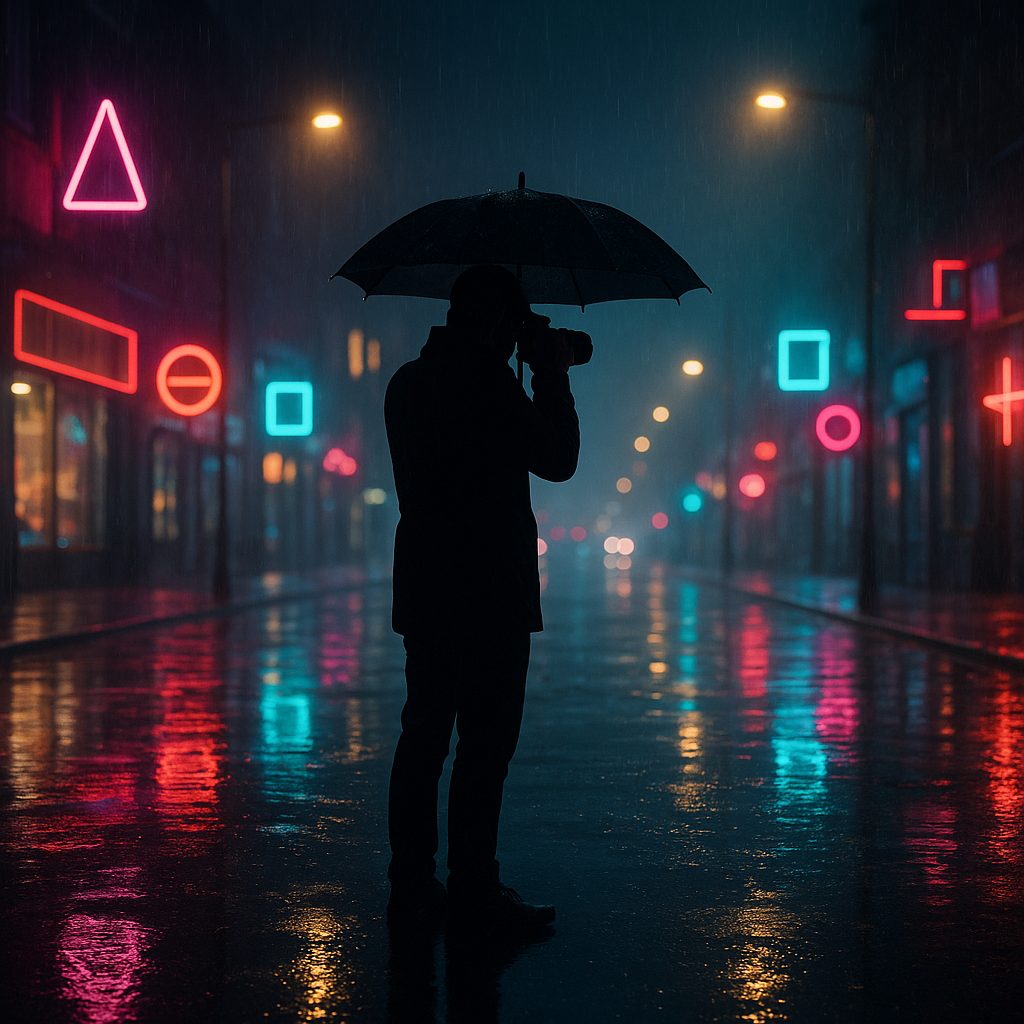 A lone pedestrian walking past glowing shop windows on a wet city street at night