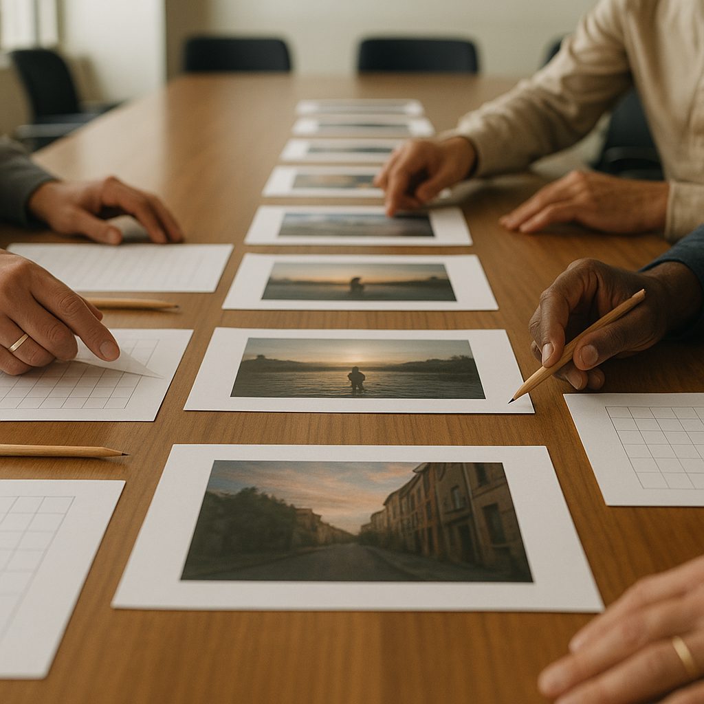 A judge studying a wall of printed photographs during competition judging