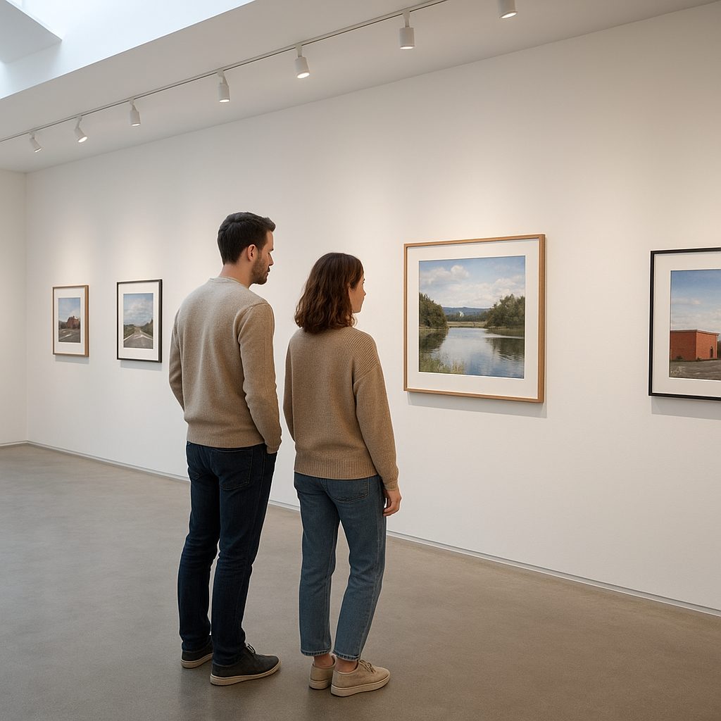 Visitors studying large framed prints at a photography exhibition opening