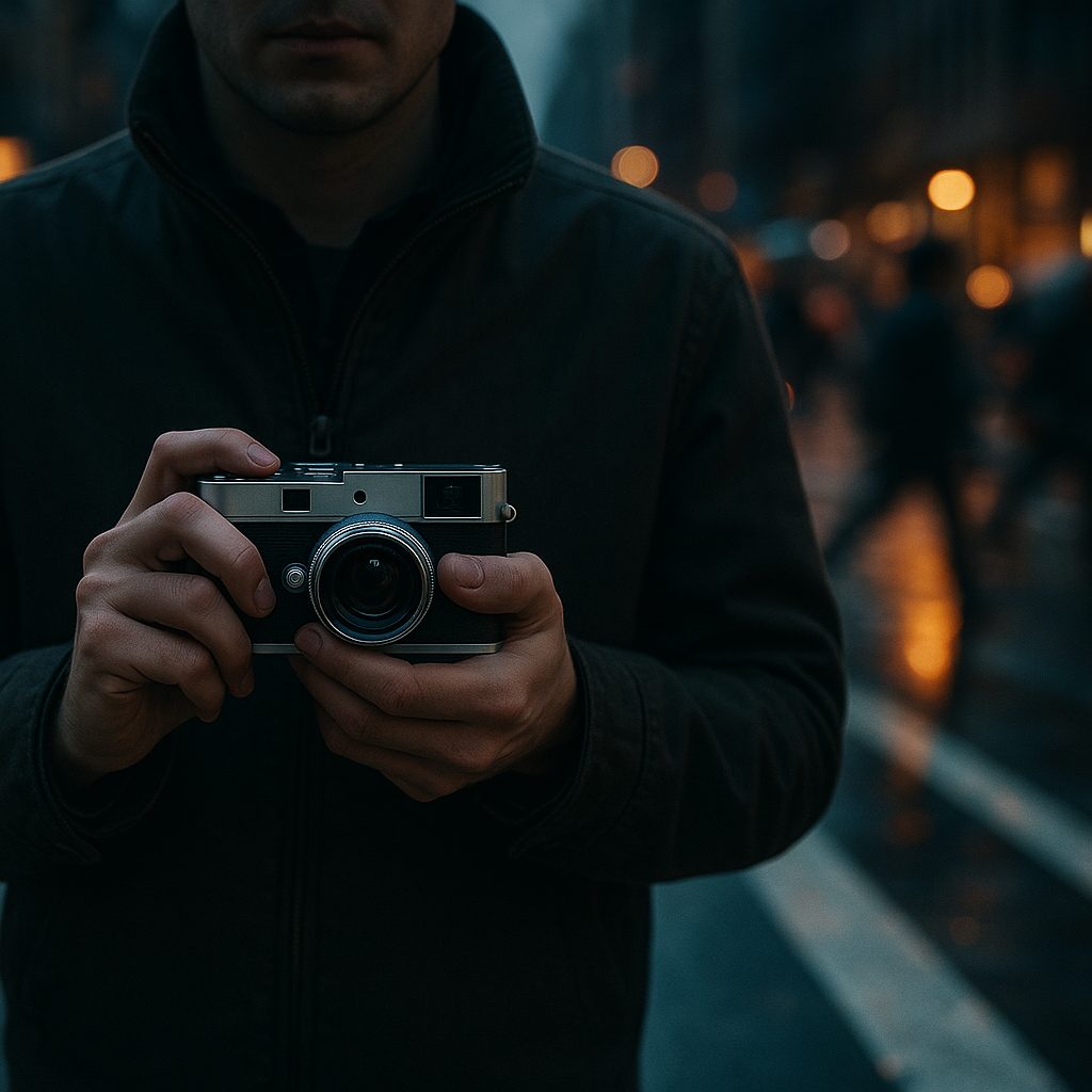 A photographer holding a small camera on a busy city crosswalk at dusk